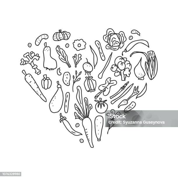 Set Of Vector Vegetables Doodle Composition Stock Illustration - Download Image Now - Coloring, Healthy Eating, Page