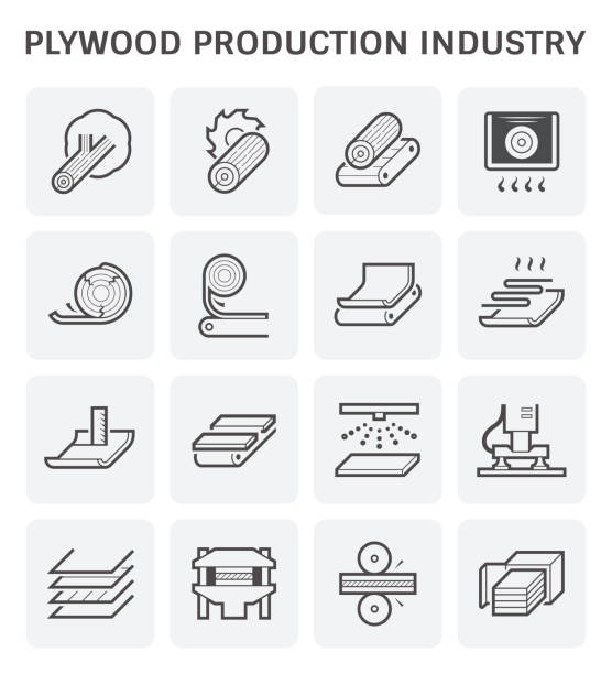 ilustraciones, imágenes clip art, dibujos animados e iconos de stock de icono de la producción de madera contrachapada - lumber industry lumberyard stack wood