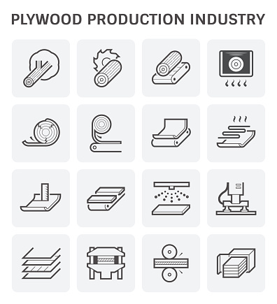 Plywood production industry icon set design.