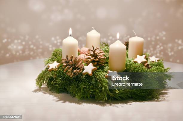 Second Advent Decorated Advent Wreath From Fir And Evergreen Branches With White Burning Candles Tradition In The Time Before Christmas Warm Background With Festive Bokeh And Copy Space Stock Photo - Download Image Now