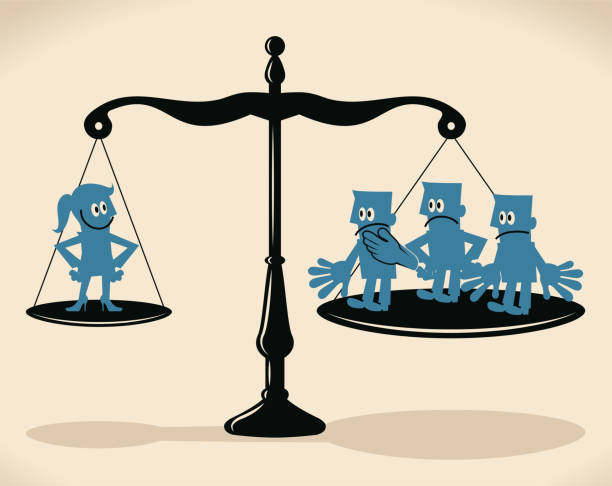 Equal-arm balance scale with businesswoman and group of businessmen Blue Little Guy Characters Full Length Vector art illustration.Copy Space.
Equal-arm balance scale with businesswoman and group of businessmen. gender equality at work stock illustrations
