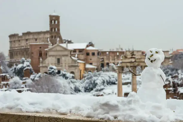 Photo of Snowman and Roman Forum (with copy space above)