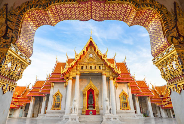 istock Thai Marble Temple (Wat Benchamabophit Dusitvanaram) with copy space in Bangkok, Thailand 1076348216