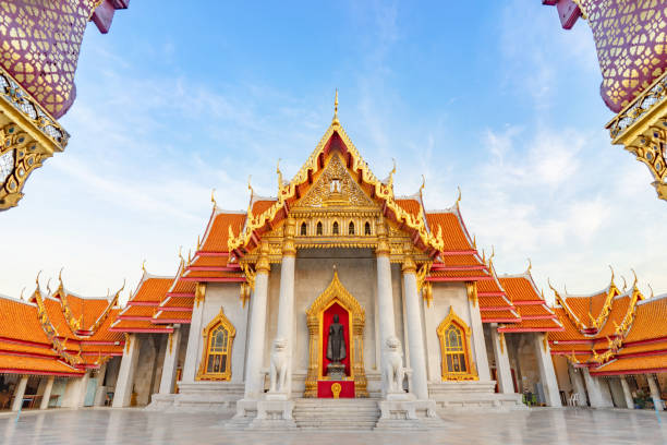 istock Thai Marble Temple (Wat Benchamabophit Dusitvanaram) with copy space in Bangkok, Thailand 1076348228
