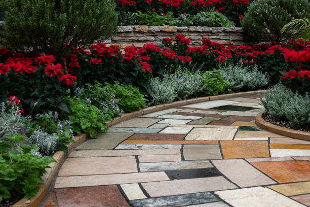 istock Brick walkway in formal garden red flowers 1076350890