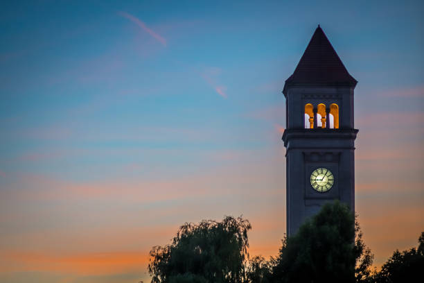 istock spokane downtown clock tower in park at sunset 1076363562