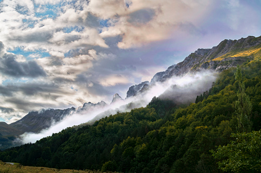 Morning fog and clouds in the mountain at the Pyrenees mountains in Spain