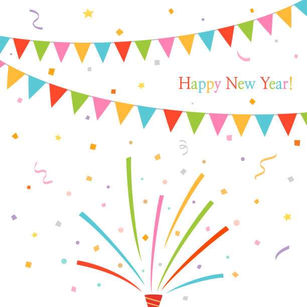 ilustraciones, imágenes clip art, dibujos animados e iconos de stock de feliz año nuevo. banderas de partido con popper del partido - streamer congratulating party popper birthday