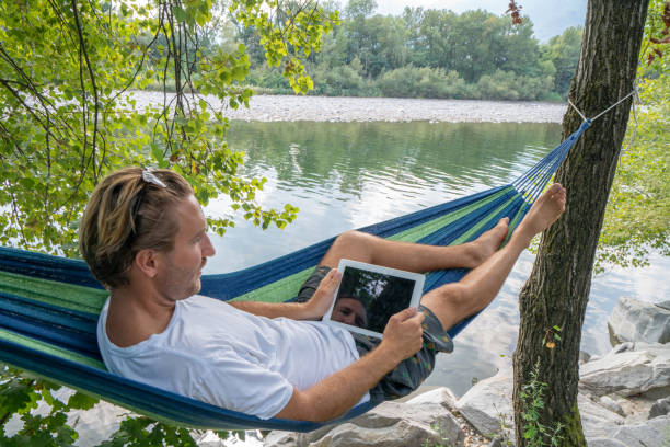 istock Young man using digital tablet on hammock, lying between trees by the river un Summer- People travel vacations technology on the go concept 1076373412
