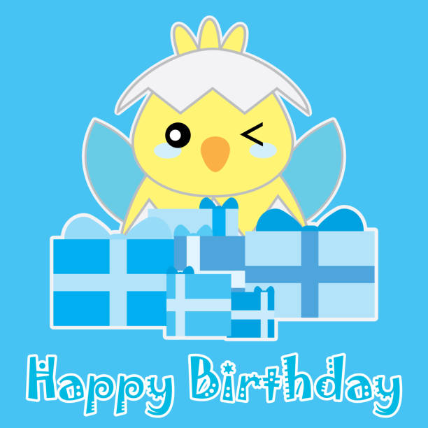 Birthday illustration with cute blue baby chick on blue background suitable for birthday boy card Birthday illustration with cute blue baby chick on blue background suitable for birthday boy card, invitation card, and wallpaper birthday and invitation card animal background with chicken stock illustrations