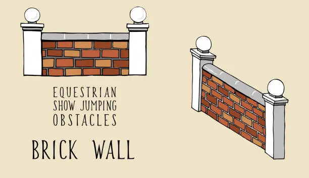 Vector illustration of flat and isometry equestrian show jumping obstacles brick wall