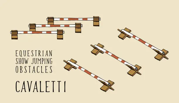 Vector illustration of flat and isometry equestrian show jumping obstacles cavaletti