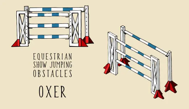 Vector illustration of flat and isometry equestrian show jumping obstacles oxer