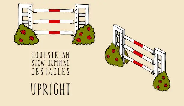 Vector illustration of flat and isometry equestrian show jumping obstacles upright