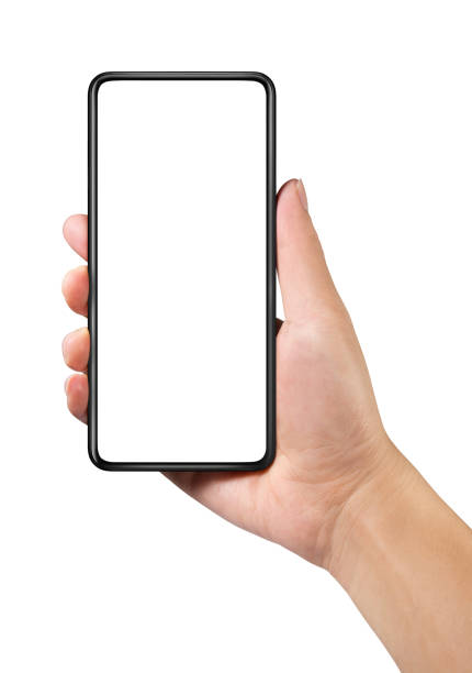 istock Man hand holding the black smartphone with blank screen and modern frame less design isolated on white 1076425352