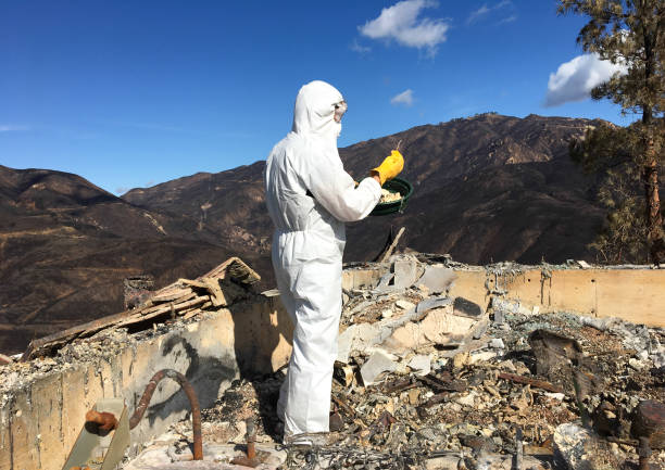 istock Man in Hazmat Suit Sifting Through Wildfire Ash/Waste 1076431514