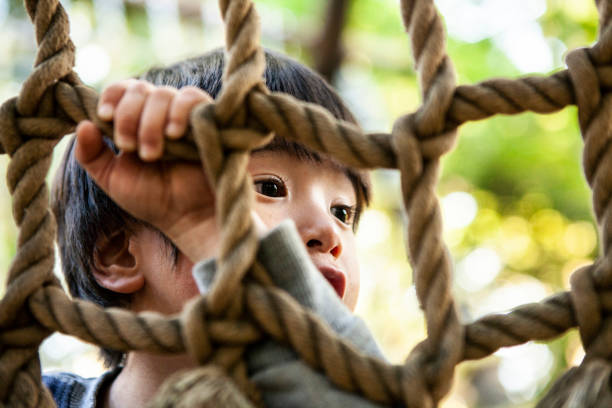 istock A boy playing with a rope type jungle gym. 1076446428
