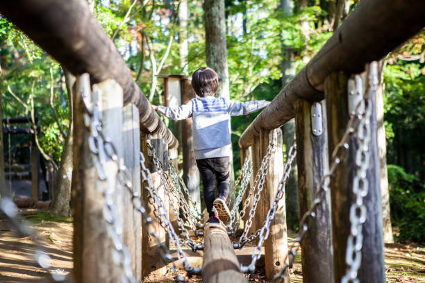 Children crossing log bridge type playground equipment.