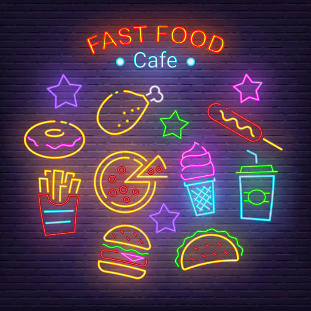 fast food neon icons fast food neon icons, vector neon glow on dark background neon sign ice cream stock illustrations