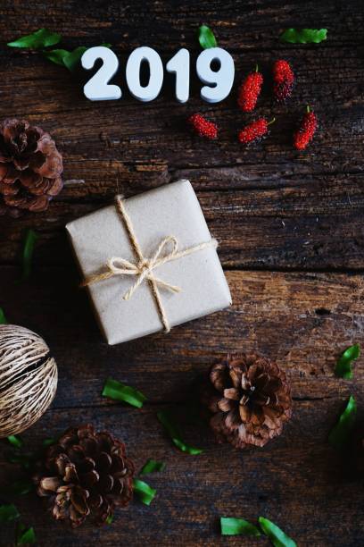 istock 2019 eco friendly brown wrap gift boxes, vintage new year gift concept 1076467418