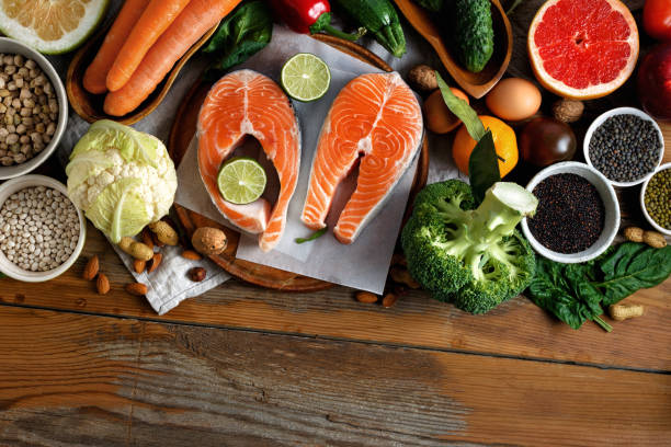 istock Top view set healthy food cooking diet Rustic style eating 1076478448