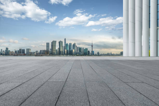 istock Empty pavement front of Shanghai skyline 1076482818