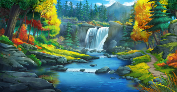 The Waterfall Forest. Fiction Backdrop. The Waterfall Forest. Fiction Backdrop. Concept Art. Realistic Illustration. Video Game Digital CG Artwork. Nature Scenery. river valleys stock illustrations
