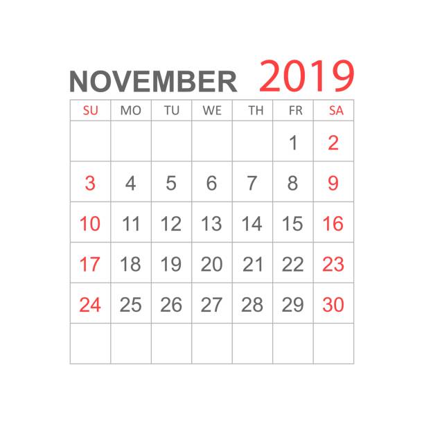 ilustrações, clipart, desenhos animados e ícones de calendário de novembro de 2019 ano em estilo simples. modelo de design de planejador de calendário. agenda de novembro mensal para lembrar. ilustração do vetor de negócios. - 15830