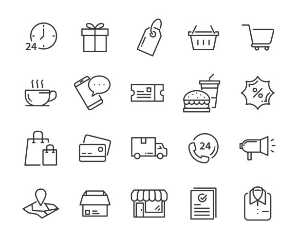 zestaw ikon zakupów, takich jak dostawa, handel elektroniczny, obsługa, cena, zapłata, sprzedaż - shopping stock illustrations