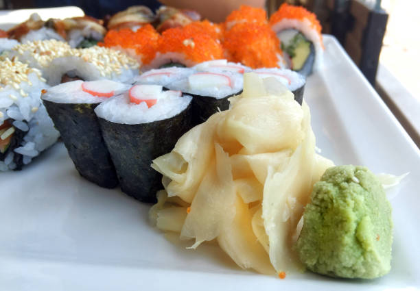 Traditional Japan Seafood Sushi Made with Rice and Raw Fish Meat