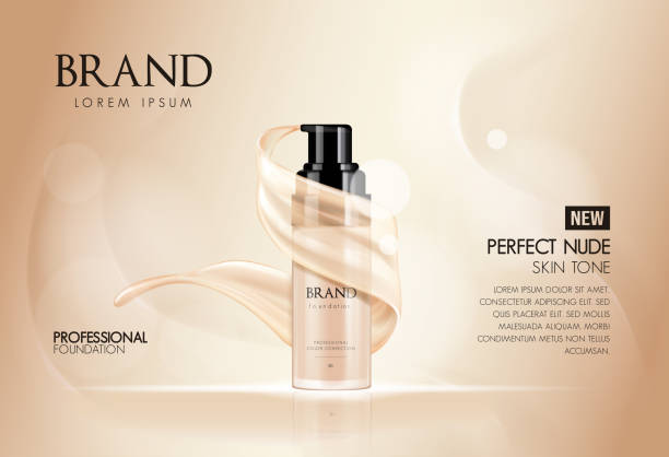 istock Cosmetic vector foundation premium product advertisment, ads for promotion. Make-up in bottle with its texture flowing on a soft beige background. 1076492894
