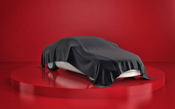 istock Car presentation in red showroom. 3d rendering 1076494306
