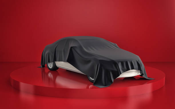 Car presentation in red showroom. 3d rendering stock photo
