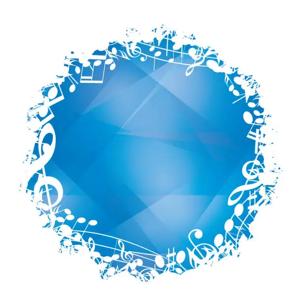 Vector illustration of abstract blue vector background with white round music decorative frame and musical notes