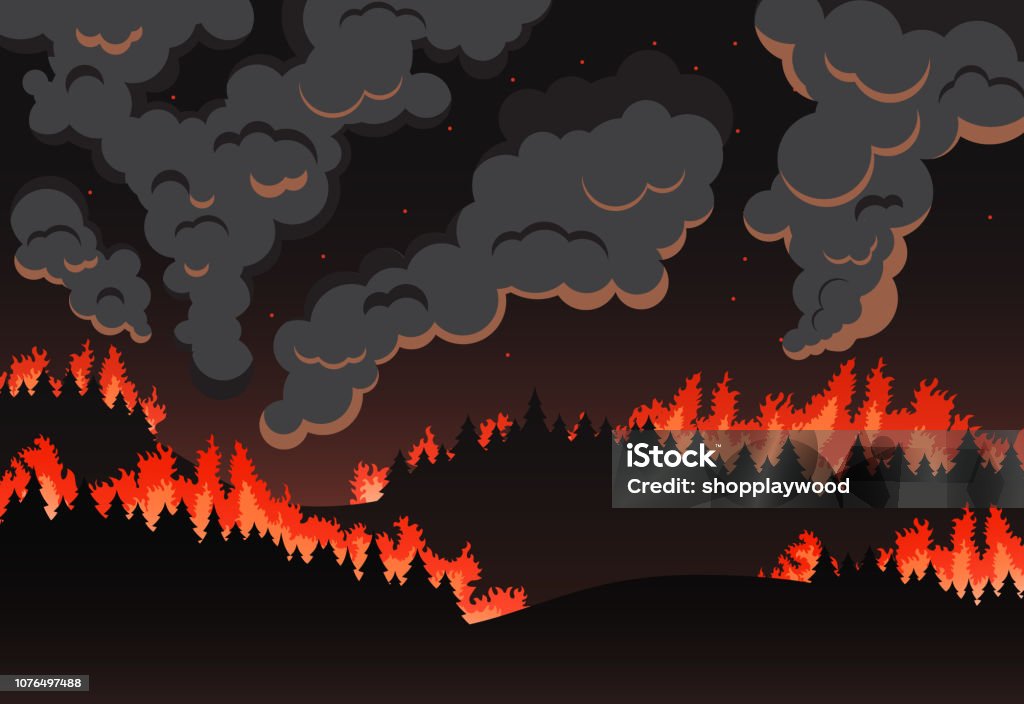 Panorama du paysage naturel, silhouette de nuit les incendies de forêt - clipart vectoriel de Feu de forêt libre de droits