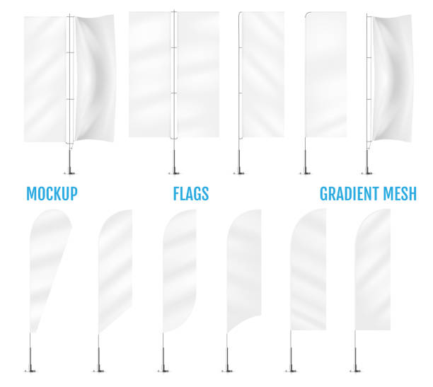 ilustrações de stock, clip art, desenhos animados e ícones de white textile banner flags. banner flag mockups set. set of vector advertising mockups. - vertical drop