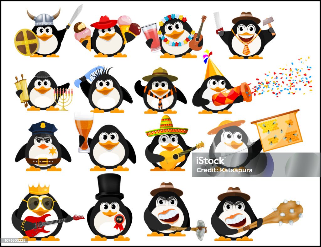 Set of cute little penguins on a white background. Young penguins of different professions with objects. Vector illustration Mexican Culture stock vector