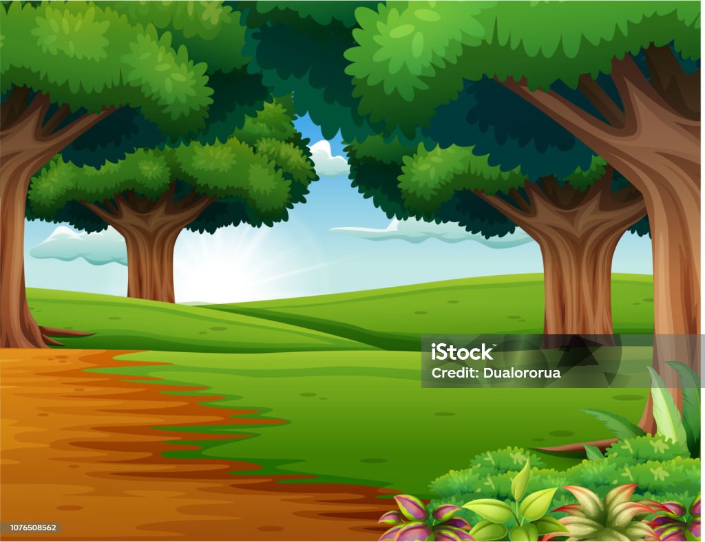 Cartoon Of The Forest Scene With Many Trees Stock Illustration - Download  Image Now - Woodland, Beauty, Bridge Over The River Kwai - iStock