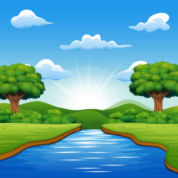 River Cartoons In The Middle Beautiful Natural Scenery Stock Illustration -  Download Image Now - iStock