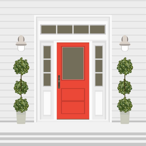 家ドア正面玄関口と手順、ウィンドウ、ランプ、花、エントリ ファサードの建物は、フラット スタイルの外観の入口のデザイン イラスト - door facade house front view点のイラスト素材／クリップアート素材／マンガ素材／アイコン素材