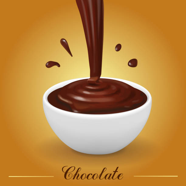 bildbanksillustrationer, clip art samt tecknat material och ikoner med stänk av brunt varm choklad i vit skål realistisk illustration - yoghurt chocolate bowl