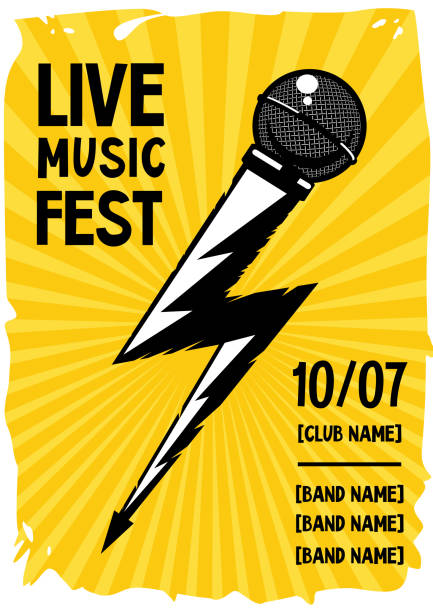 Rock poster with microphone and lightning. Grunge music banner. vector art illustration