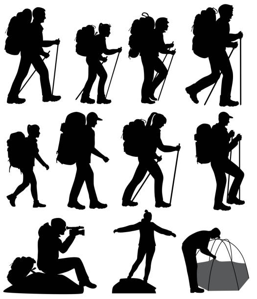 Silhouettes of hiking people Collection of silhouettes of mans and womans in hike hiking stock illustrations