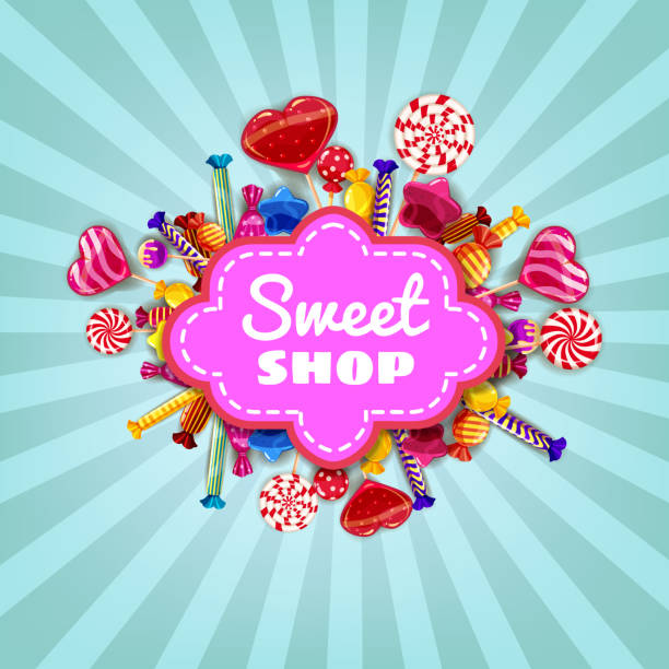 sweet shop candy szablon zestaw różnych kolorach cukierków, cukierków, słodyczy, cukierków czekoladowych, żelki. tło, plakat, baner, wektor, odosobniony, styl kreskówki - sweet treat stock illustrations