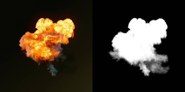 large explosion with black smoke in dark plus alpha channel. 3d rendering - fireball fire isolated cut out imagens e fotografias de stock