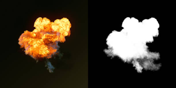 большой взрыв с черным дымом в темноте плюс альфа-канал. 3d рендеринг - fireball fire isolated cut out стоковые фото и изображения