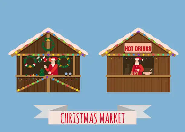 Vector illustration of Christmas market stalls, canopy seller with with New Year decorations, gifts and hot drinks. Xmas mulled vine, coffe, tea, wreath, balls, ate, decoration. Christmas fair wooden kiosks vector illustration. Template, isolated