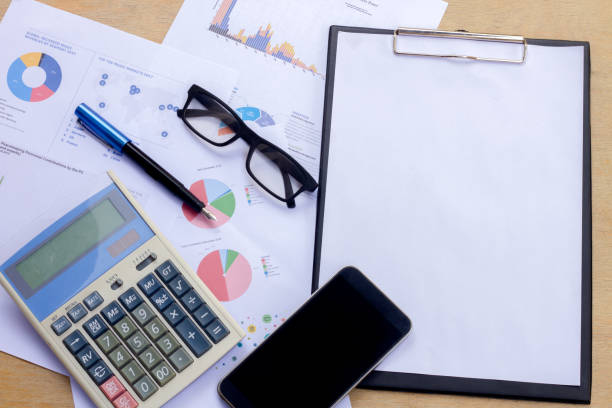 istock Company analyzes the company's annual financial statements, balances work with graphical documents. Economic picture, project, market, finance and tax office 1076524254