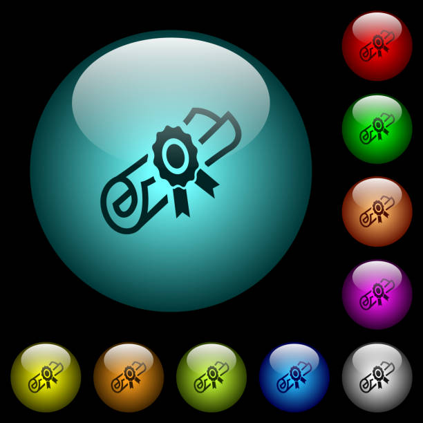 przewijanie dyplomu z ikonami pieczęci w kolorowych podświetlanych szklanych guzikach - honor roll stock illustrations
