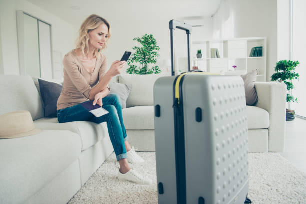 istock Full legs body size good-dressed nice-looking passenger lady wit 1076526826